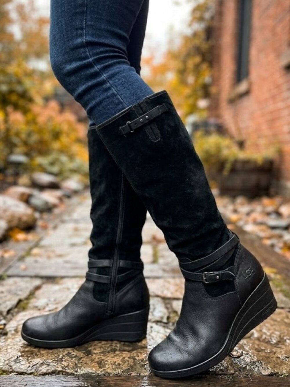 UGG Waterproof Black Suede Tall Wedge Boots Womens Size 10 Leather Trim